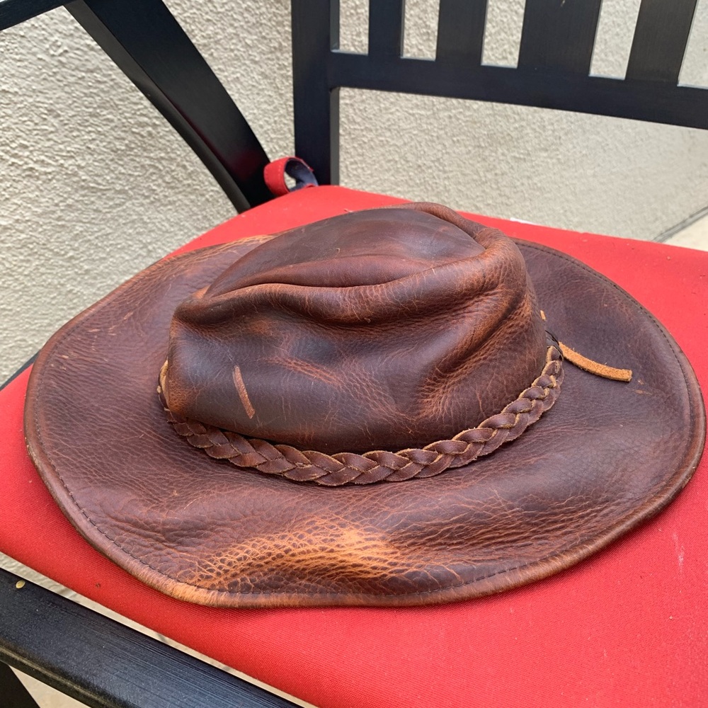 Men’s Henschel Hat Co. Outback Crusher Hat made of leather in brown.